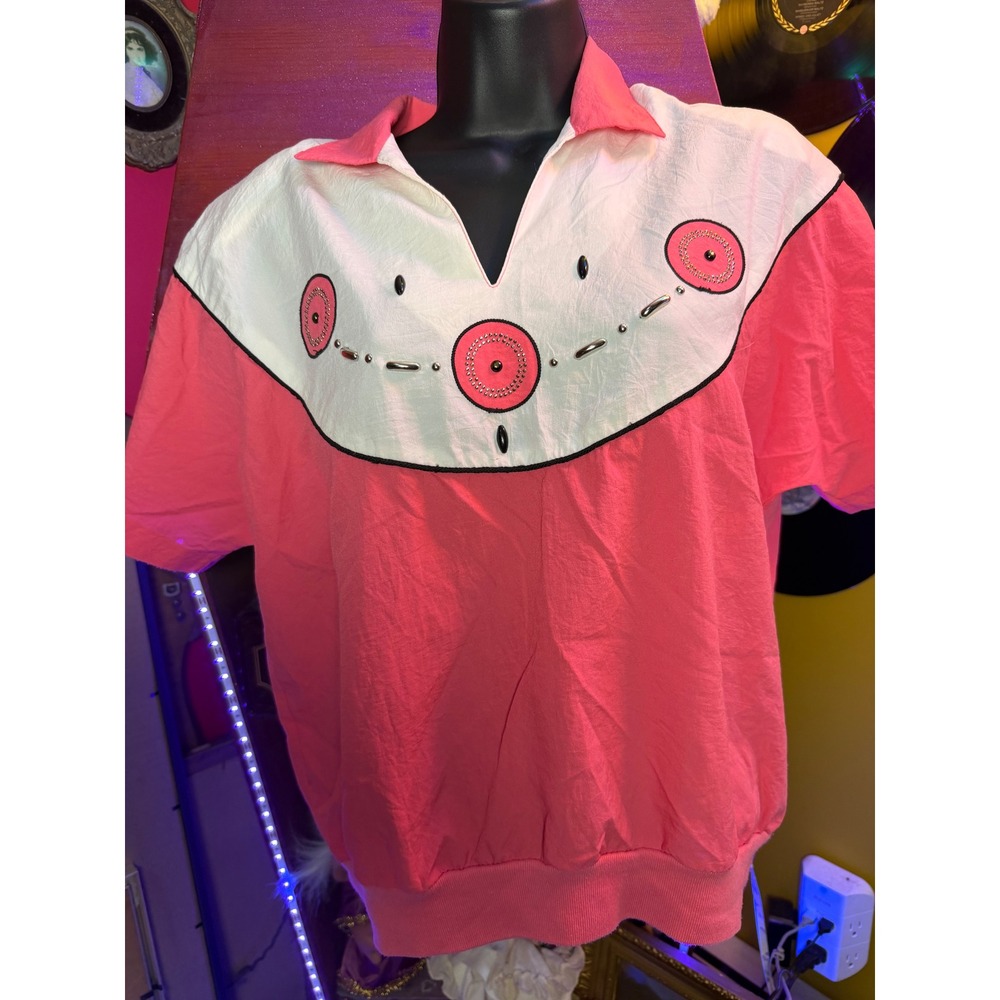 Vintage 80s Coral Pink White Colorblock Embellished Short Sleeve Windbreaker Top